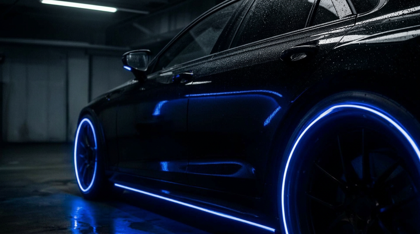 Black supercar with deep red ceramic gloss in a dark detailing bay