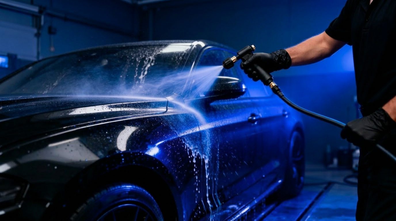 Detailer applying foam cannon to a black sports car