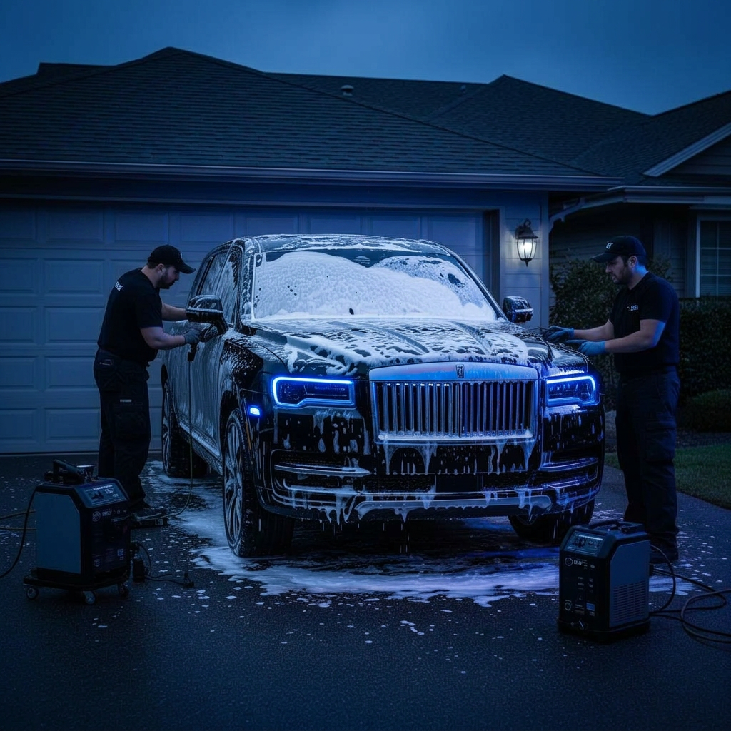 Detailing van pulling into a West Palm Beach driveway